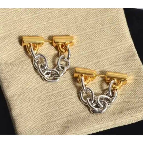 Chunky Chain-Link Earrings Front Back Two Tone Barbel Paco Rabanne STYLE S26 - Picture 4 of 5